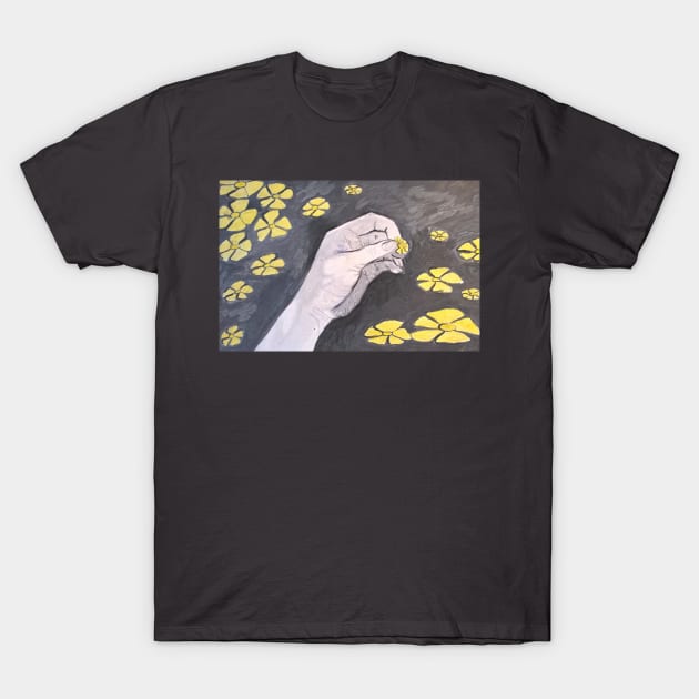 Hand holds yellow flowers. Original painting. T-Shirt by Maltez